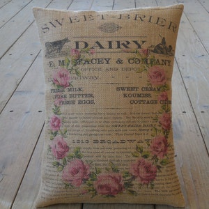 Burlap Pillow Vintage Rose, Cow advertisement, Shabby Chic Decor 62, Farmhouse Pillows. INSERT INCLUDED