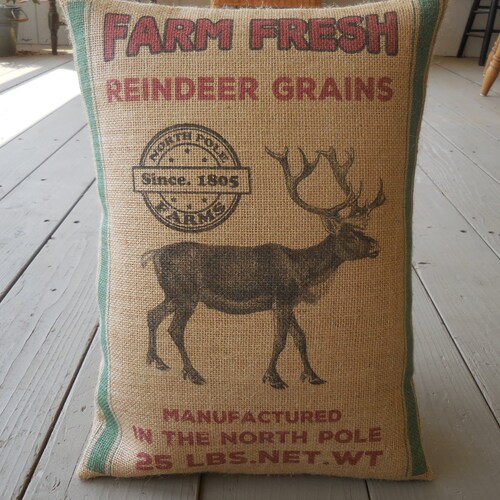 Reindeer Burlap Pillow Farmhouse Christmas Pillow Christmas Etsy