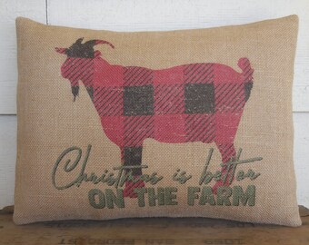 Christmas Pillows, Christmas Goat Burlap Pillow, Farmhouse Christmas, Gifts under 25, Gift for Secret Santa