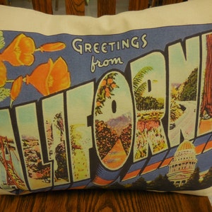 Vintage California  Postcard Pillow, Travel, Geography, CA gift, Farmhouse Pillows, Travel20,  INSERT INCLUDED