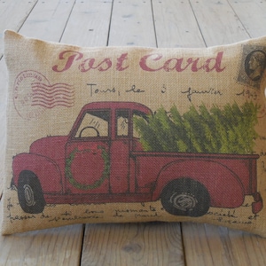 Christmas Postcard burlap Pillow, Farmhouse Christmas Pillow, Christmas 66, INSERT INCLUDED