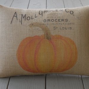 May include: A burlap pillow with a printed orange pumpkin and the text "A Moll Grocer Co. Wholesale Grocers Wine Liquors & Cigars St. Louis".