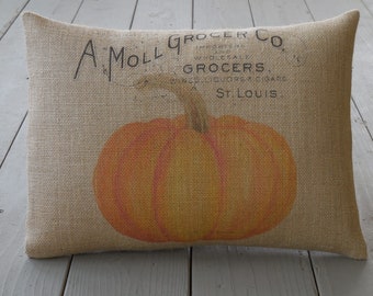 Pumpkin Burlap Pillow, Fall Farmhouse, Autumn Decor, Thanksgiving, Farmhouse Pillows,  Autumn 58,  INSERT INCLUDED