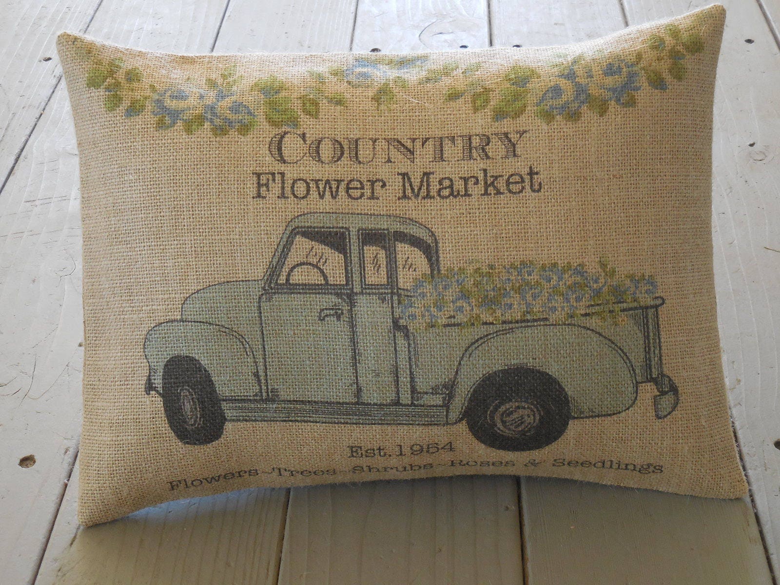 Blue Truck Burlap Pillow Vintage Truck Rustic French Etsy