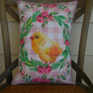 Chick Pillow, Pink Gingham Pillow, Farmhouse Pillows, Easter Decor, Easter basket Gift