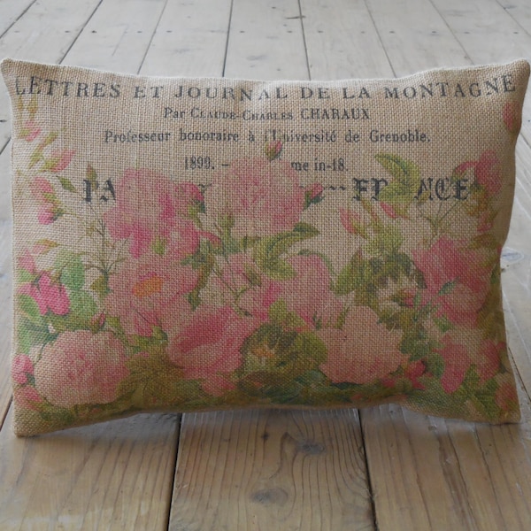 Vintage Roses Burlap Pillow, Shabby Chic 41,  Mothers Day Gift, INSERT INCLUDED