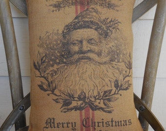 Santa Claus Christmas Pillow, Feed Sack Santa Pillow, Farmhouse Christmas, St. Nicholas Pillow