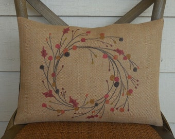 Autumn Wreath Burlap Pillow, Farmhouse Pillows, Shabby Chic Decor, Thanksgiving, Autumn 10, NSERT INCLUDED