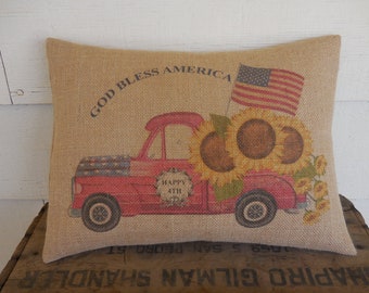 God Bless America Burlap Pillow, 4th of July, Farmhouse Pillows, Americana decor,  INSERT INCLUDED