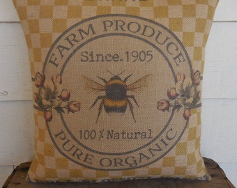 Farmhouse Bee Burlap Pillow, Farmhouse Pillows, Rustic farmhouse