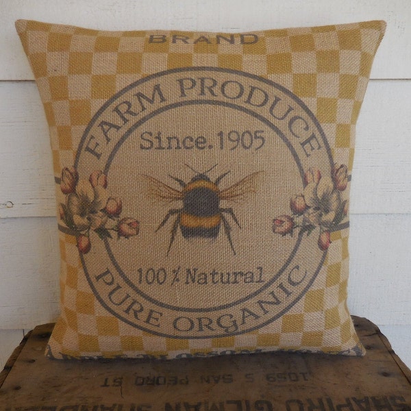 Farmhouse Bee Burlap Pillow, Farmhouse Pillows, Rustic farmhouse