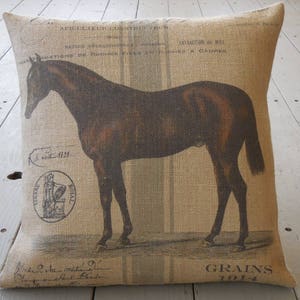 Brown Horse Burlap Pillow, Feed sack gray stripe pillow, 17 inch square, Shabby Chic, Horse19, Farmhouse pillows,  INSERT INCLUDED