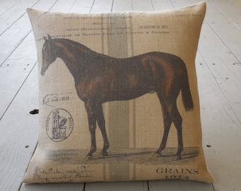 Brown Horse Burlap Pillow, Feed sack gray stripe pillow, 17 inch square, Shabby Chic, Horse19, Farmhouse pillows,  INSERT INCLUDED