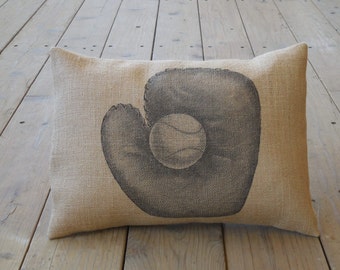 Vintage Baseball Mitt Burlap Pillow, Baseball Decor, Baseball Nursery, Farmhouse Pillows,  Sports1,  INSERT INCLUDED