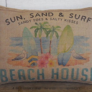 Beach House Burlap Pillow, Surfboard decor, Farmhouse Pillows, INSERT INCLUDED