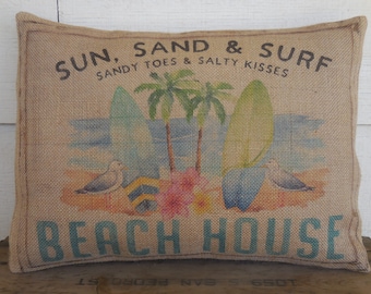 Beach House Burlap Pillow, Surfboard decor, Farmhouse Pillows, INSERT INCLUDED