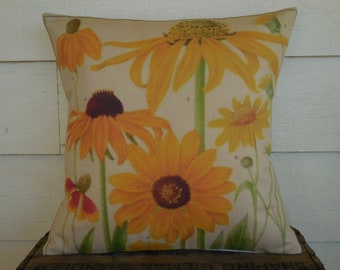 Sunflower Pillow, Botanical Print Pillow, Watercolor Sunflowers, Shabby Chic Decor, Farmhouse Pillows