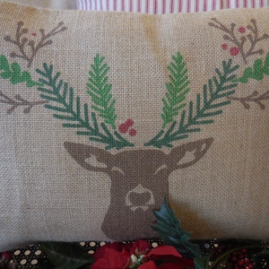 Christmas Deer Burlap Pillow, Farmhouse Christmas, Rustic Christmas, Shabby Chic, INSERT INCLUDED