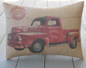 Red Truck Burlap Pillow, Farmhouse Pillows, Modern Farmhouse,  INSERT INCLUDED