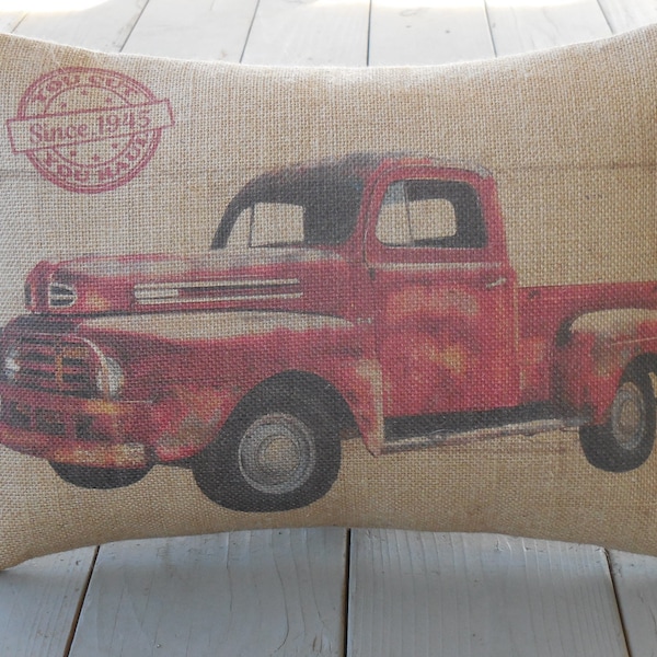 Red Truck Burlap Pillow, Farmhouse Pillows, Modern Farmhouse,  INSERT INCLUDED