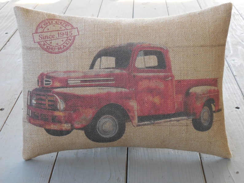 Red Truck Burlap Pillow Farmhouse Pillows Modern Farmhouse Etsy