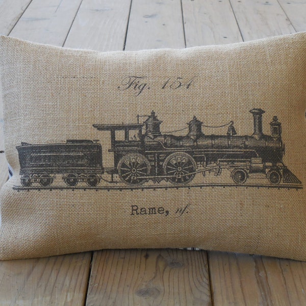 French train Burlap Pillow, Shabby Chic, Farmhouse Pillows, V14,  INSERT INCLUDED