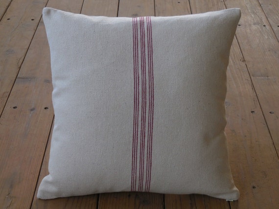 French Grain Sack Pillow, Red Stripe Pillow,  Farmhouse pillows, Cottagecore Pillow, Grain sack pillow