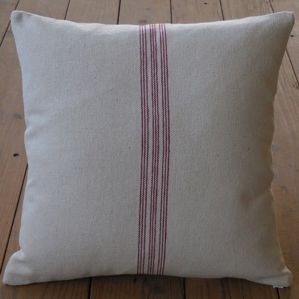 French Grain Sack Pillow, Red Stripe Pillow,  Farmhouse pillows, Cottagecore Pillow, Grain sack pillow