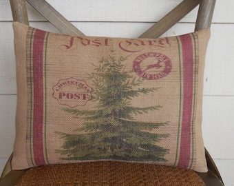Christmas Tree Burlap Pillow, Farmhouse Christmas