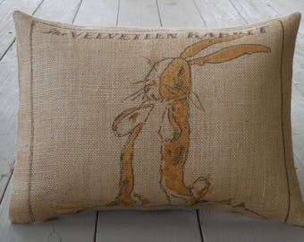 Velveteen Rabbit Burlap Pillow, Vintage Rabbit Pillow, Shabby Chic 10, Rabbit Nursery, Farmhouse Pillows, INSERT INCLUDED