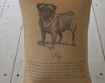 Pug Burlap Pillow, Dog Decor, Dog Lover Gift, Shabby Chic Decor, Farmhouse Pillows