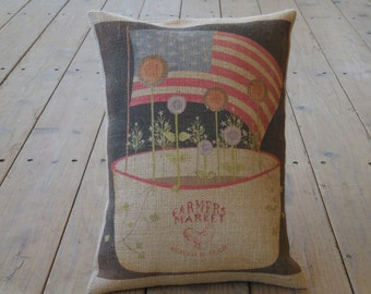Flowers and Flag Burlap Pillow,  Patriotic, American, USA, INSERT INCLUDED
