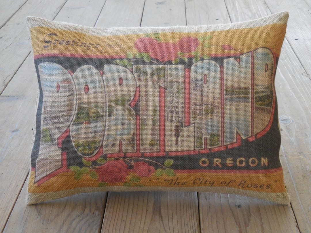 Portland Burlap Pillow, Oregon Travel Postcard, Vintage State Postcards