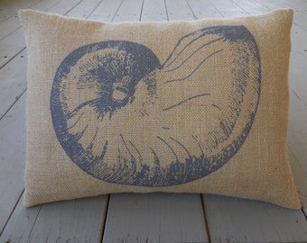 Blue Nautilus Shell  Burlap Pillow, Ocean Pillows, Farmhouse Pillows, Ocean10, Ocean Quote Pillow, INSERT INCLUDED