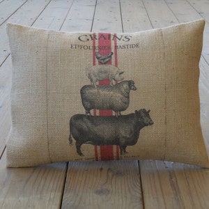 May include: A burlap pillow with a red and white striped design and a black and white illustration of a cow, sheep, and pig. The pillow has the text "GRAINS ET FOURNIR EASTIDE" printed on it.