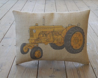 Yellow Tractor Burlap Pillow, Mighty Machine, Farmhouse Pillows, V20,  INSERT INCLUDED
