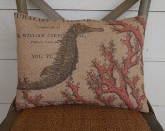 Sea Horse Pillow, Ocean Pillows, Farmhouse Decor, Nautical Style, Coral Pillow