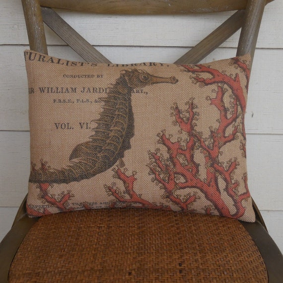 Sea Horse Pillow, Ocean Pillows, Farmhouse Decor, Nautical Style, Coral Pillow