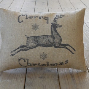 Merry Christmas Deer Burlap Pillow, Farmhouse Christmas, Christmas Pillow,  INSERT INCLUDED