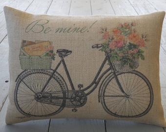 Be Mine Bike Burlap Pillow, Modern wedding gift,  bridal, Valentine's Day, Farmhouse Pillows, Shabby Chic pillow, Love14,  INSERT INCLUDED