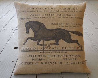 Weathervane Script Horse Burlap Pillow, Race horse Feed, 17 inch square, Shabby Chic, Horse17, Farmhouse pillows,  INSERT INCLUDED