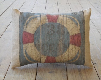 Vintage Life Saver Ring Burlap Pillow,  Nautical Pillow, Ocean decor,  Farmhouse Pillow, INSERT INCLUDED