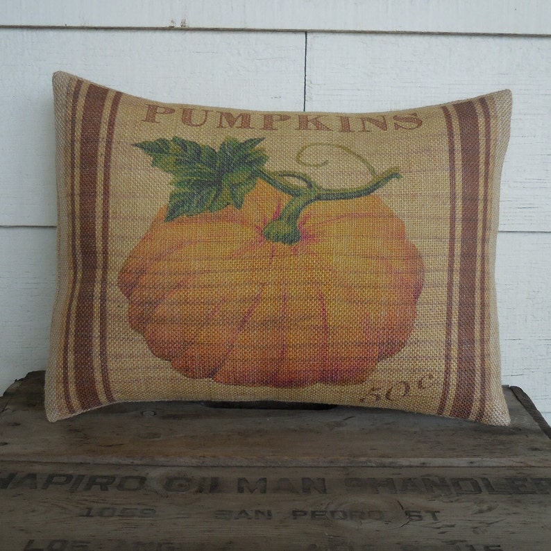 Feed sack Pumpkin burlap Pillow, Farmhouse Pillows, Shabby Chic Decor, Autumn Pillows, Pumpkin Pillow image 2