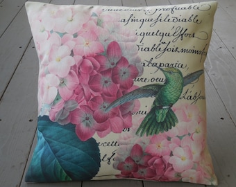 Humming Bird Hydrangea Pillow, Summer Decor, Shabby Chic, Farmhouse Pillows,INSERT INCLUDED