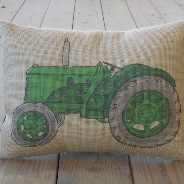 Green Tractor Burlap Pillow, Kids, Mighty Machines, Farmhouse Pillows, V11,  INSERT INCLUDED