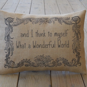 May include: A burlap pillow with a decorative frame and the text "...and I think to myself What a Wonderful World".