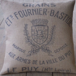 French grain sack style Burlap Pillow, feed sack logo Pillow, Rustic Farmhouse, Farmhouse Pillows