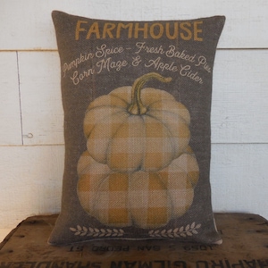 Buffalo Check Burlap Pillow, Fall Farmhouse Decor, Chalkboard Pumpkin Pillow, Autumn Decor, Farmhouse Pillows