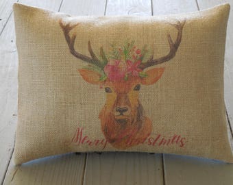 Christmas Garland Deer Burlap Pillow, Farmhouse Christmas, Rustic Christmas, Christmas 19, INSERT INCLUDED