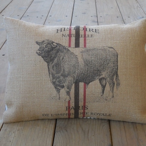 Bull Burlap Pillow, Feed sack pillow, Farm15,  Farmhouse pillows, INSERT INCLUDED